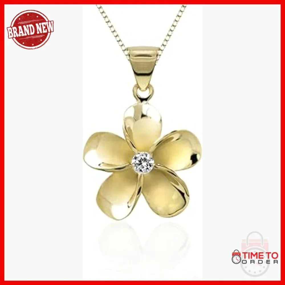 Sterling Silver Plumeria Flower Pendant Necklace with CZ Stone 18mm